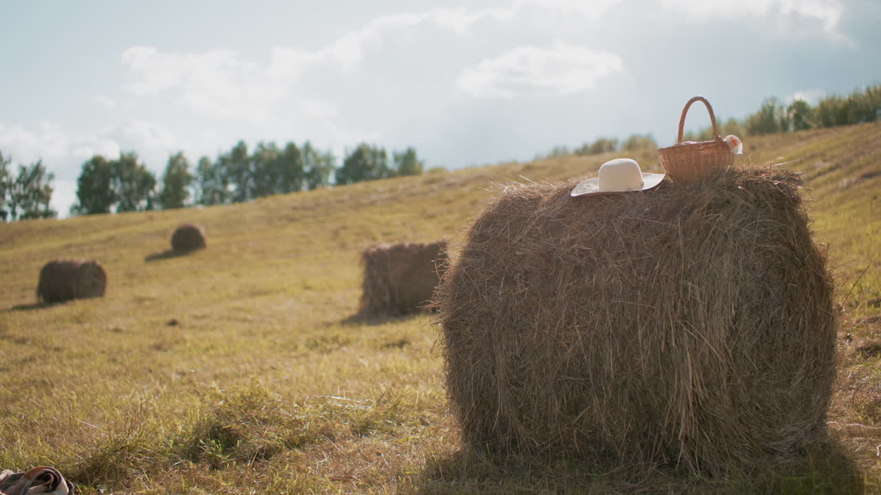 sombrero de paja y canasta de picnic tejida con tela en una bala de heno en vastas tierras de cultivo bajo la cálida luz del sol, un entorno rural pacífico captura la esencia del estilo de vida del campo