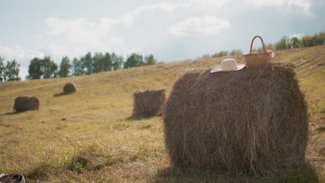 straw hat and woven picnic basket with cloth rest on hay bale in vast farmland under warm sunlight, peaceful rural setting captures essence of countryside lifestyle