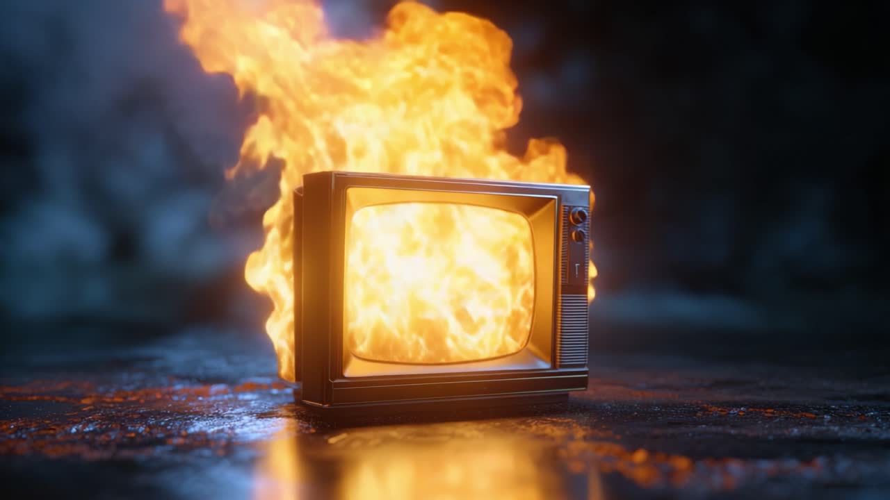 Et retro fjernsyn opslugt af flammer, der symboliserer ødelæggelse og kaos, og fanger essensen af ild og intens varme i en dramatisk visuel ramme