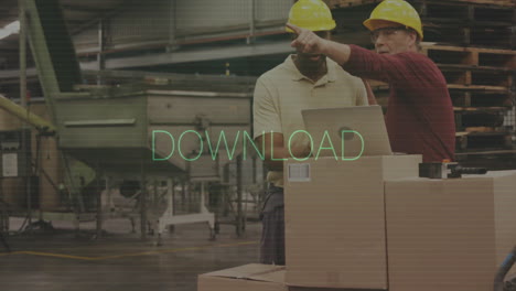 download text animation over workers in warehouse with boxes