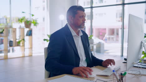 thinking, computer and old man in office typing