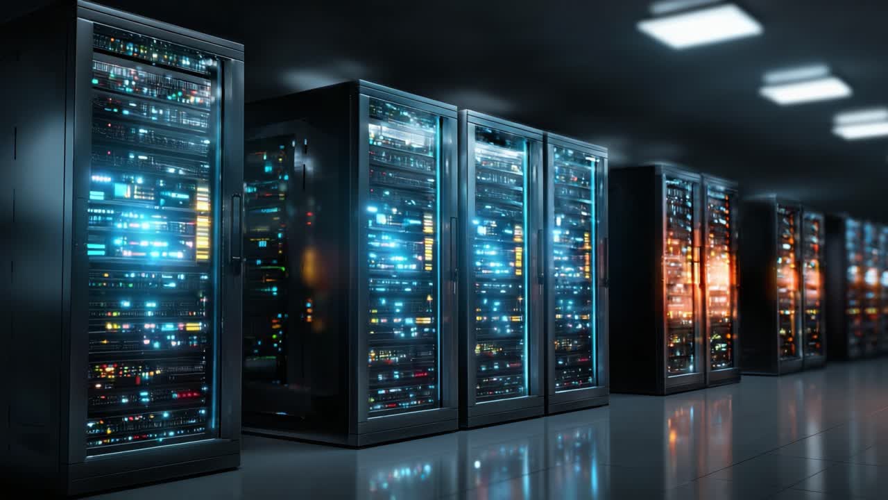 A Captivating Look at a High-Tech Data Center, Featuring Rows of Sophisticated Servers Illuminated with Colorful LEDs in a Sleek, Modern Environment