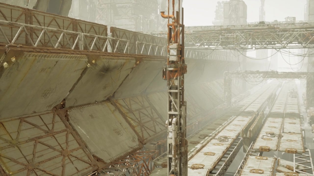 Atmospheric corridor featuring rusted supports and shifting mist