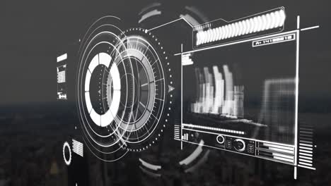 Animation-of-loading-circles,-graph-and-loading-bars-and-arrows-against-abstract-background