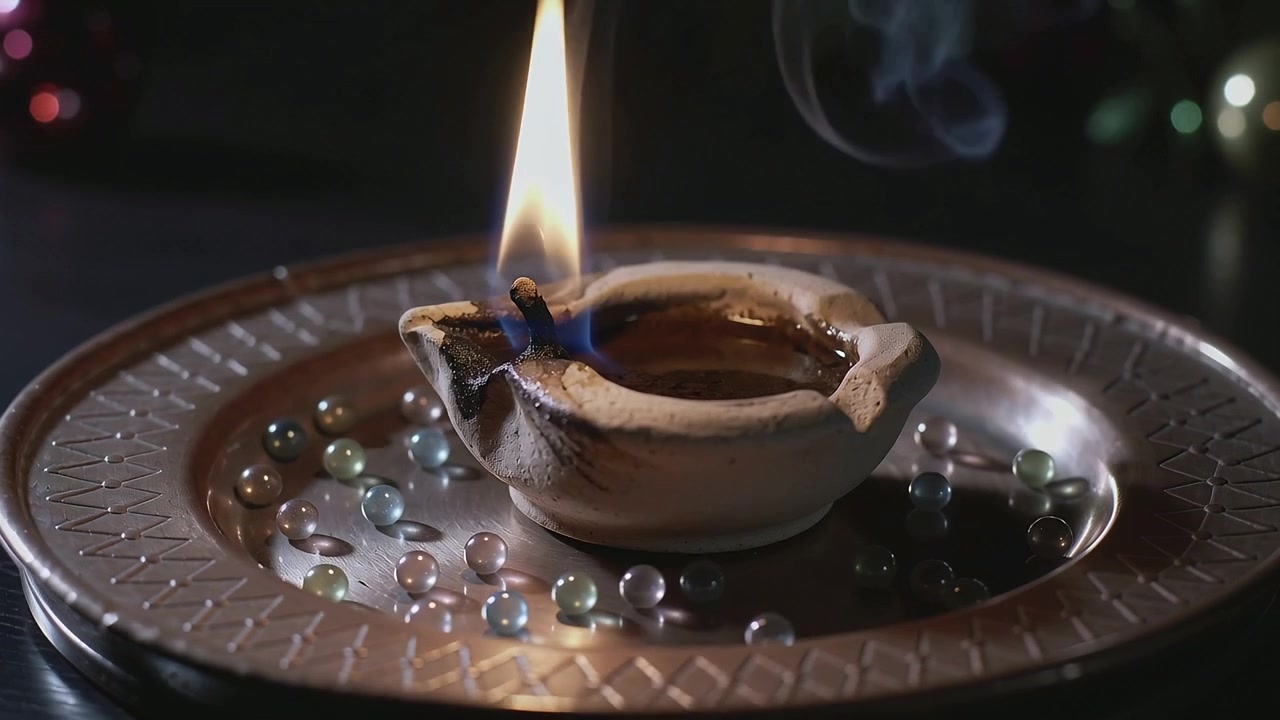 Diya tremolante con stoppino acceso che produce un anello di fumo su un vassoio di metallo scuro, con perline di vetro