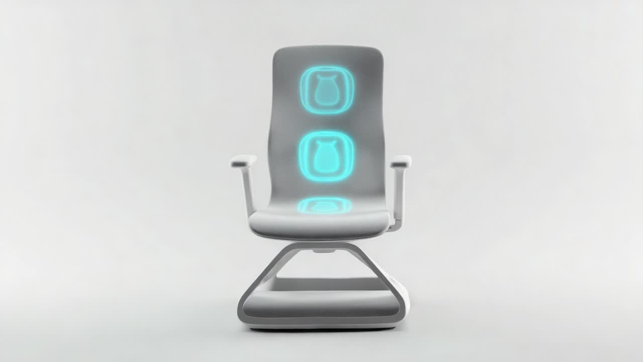 Futuristic Ergonomic Chair with Interactive Elements in Sleek Design, Showcasing Health Monitoring Features and Comfort Innovations for Modern Workspaces
