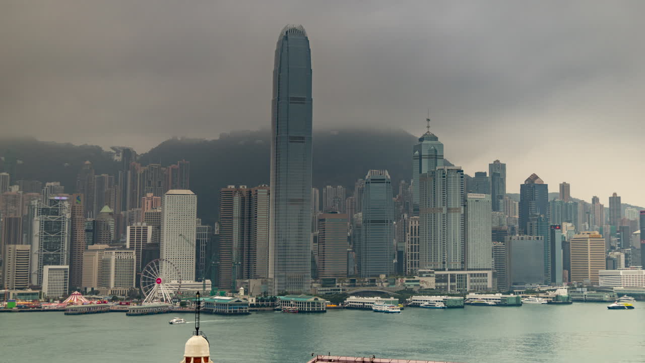 HONG KONG - 19 MARCH 2025 : Hong Kong Central city skyline filmed from across the harbour in kowloon