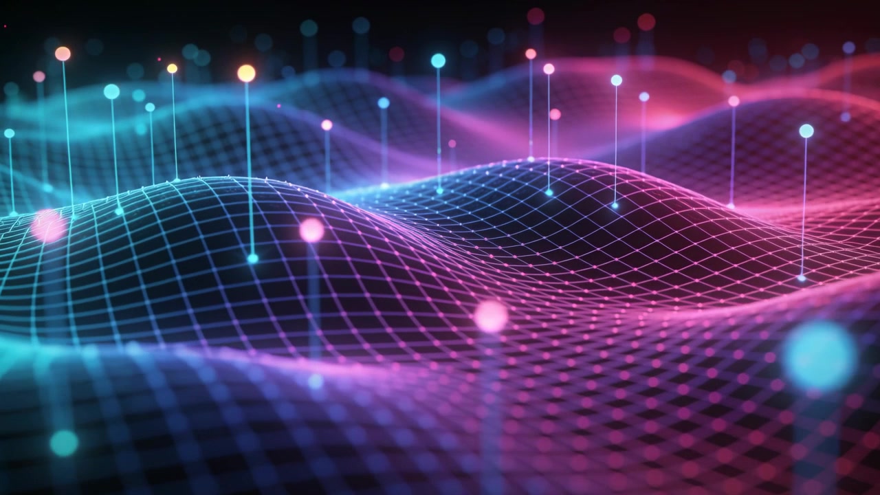 Loop starting neon mesh field waving in dark space, pulsing nodes, rising spikes showing data flow