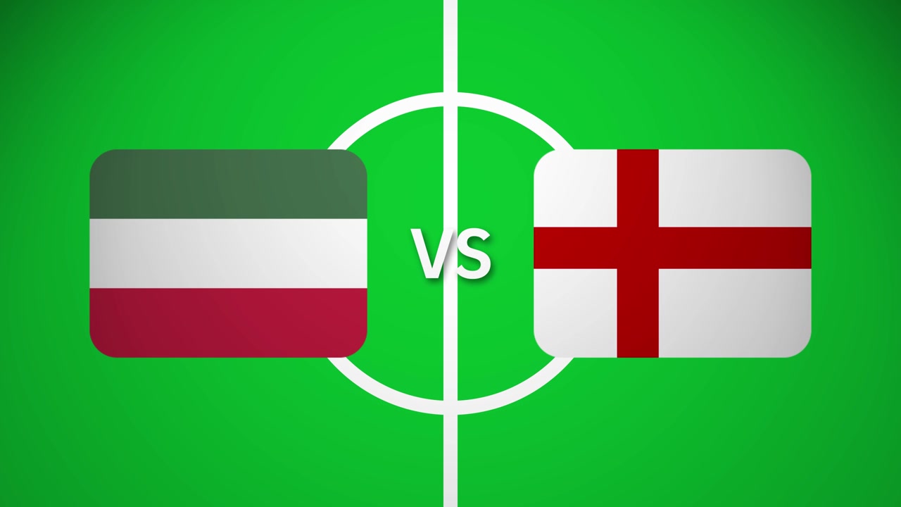 Animated football soccer graphic: Hungary and England flags on green field with center circle. "VS" indicates upcoming match. Dynamic sports visualization for international football tournament.