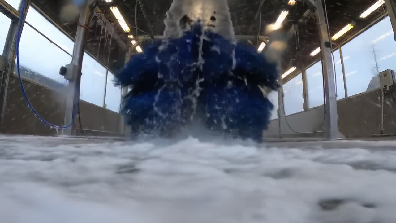 A Clean Encounter: A Vehicle's Journey Through a Car Wash as Vibrant Brushes and Water Create a Spiraling Whirlpool of Suds and Reflections