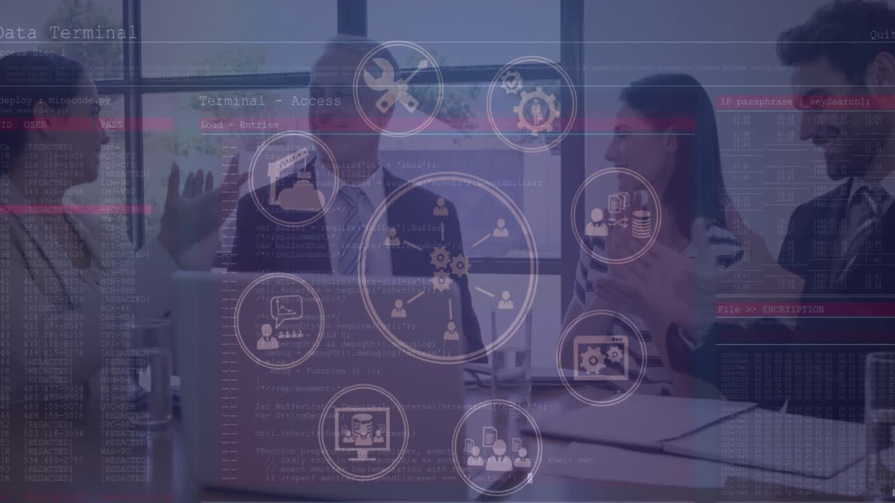 Animación de conexiones con iconos y procesamiento de datos sobre personas de negocios.