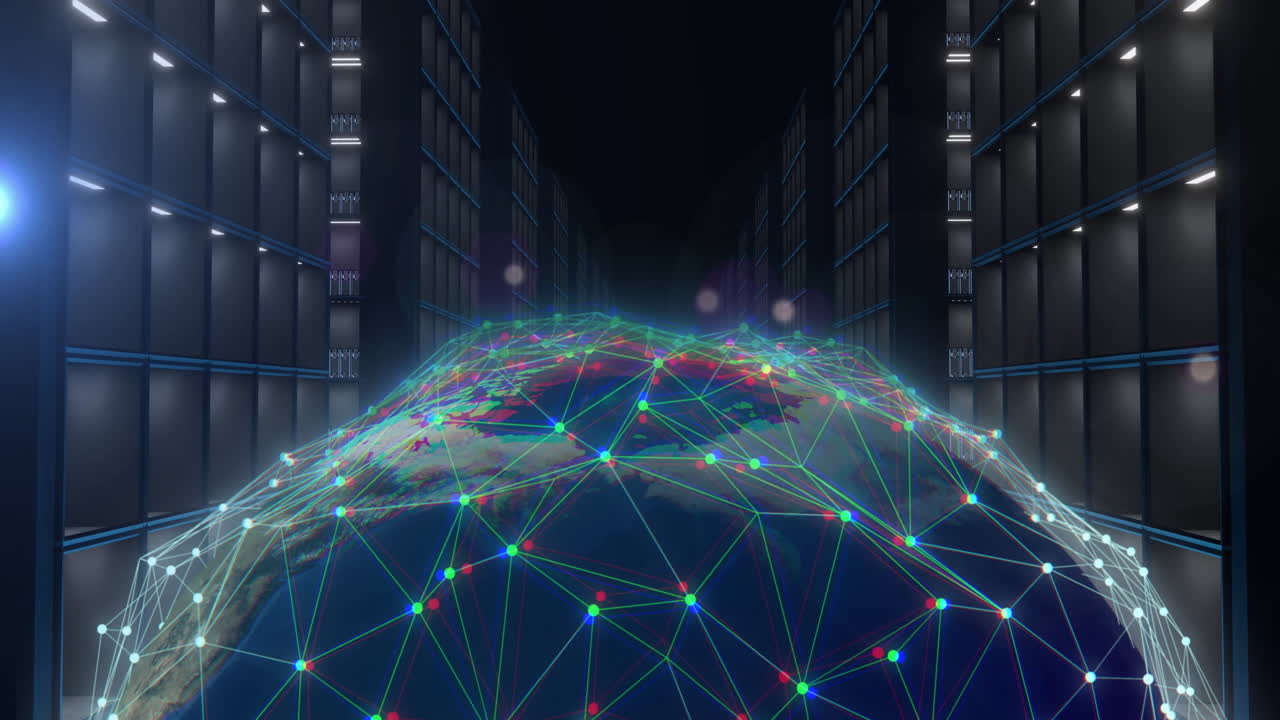 Animation of globe with connections, data processing over computer servers