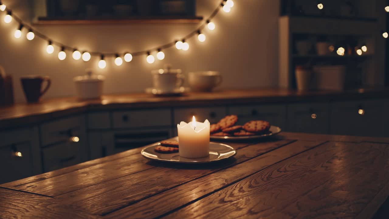 Varmt levande ljus lyser upp en mysig köksscen med kakor på en tallrik, vilket skapar en inbjudande atmosfär för sammankomster och delade stunder av glädje och komfort.