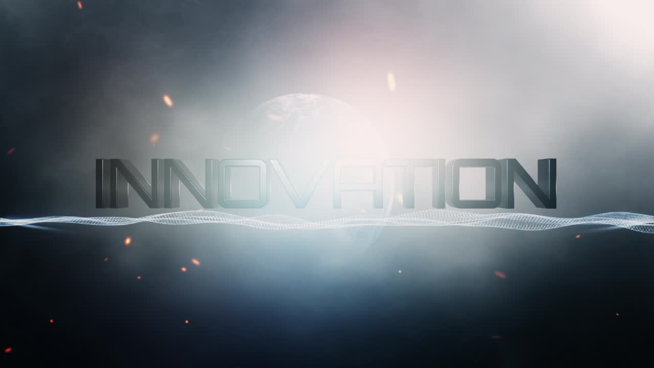 혁신의 단어 영화 인사 제목 배경 개념 4k 3d 혁신 크롬 텍스트와 세계와 플레어 라이트 빛 애니메이션