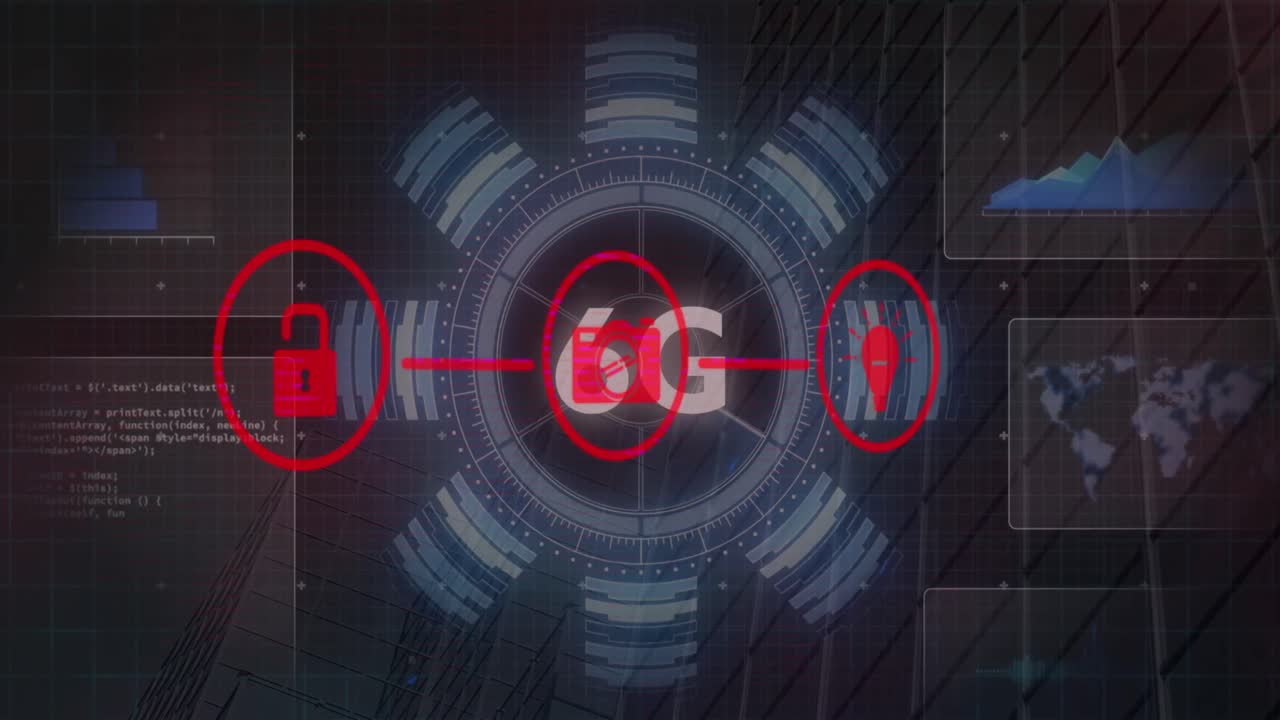 animación de la red de iconos digitales y texto 6g sobre escáner redondo y procesamiento de datos