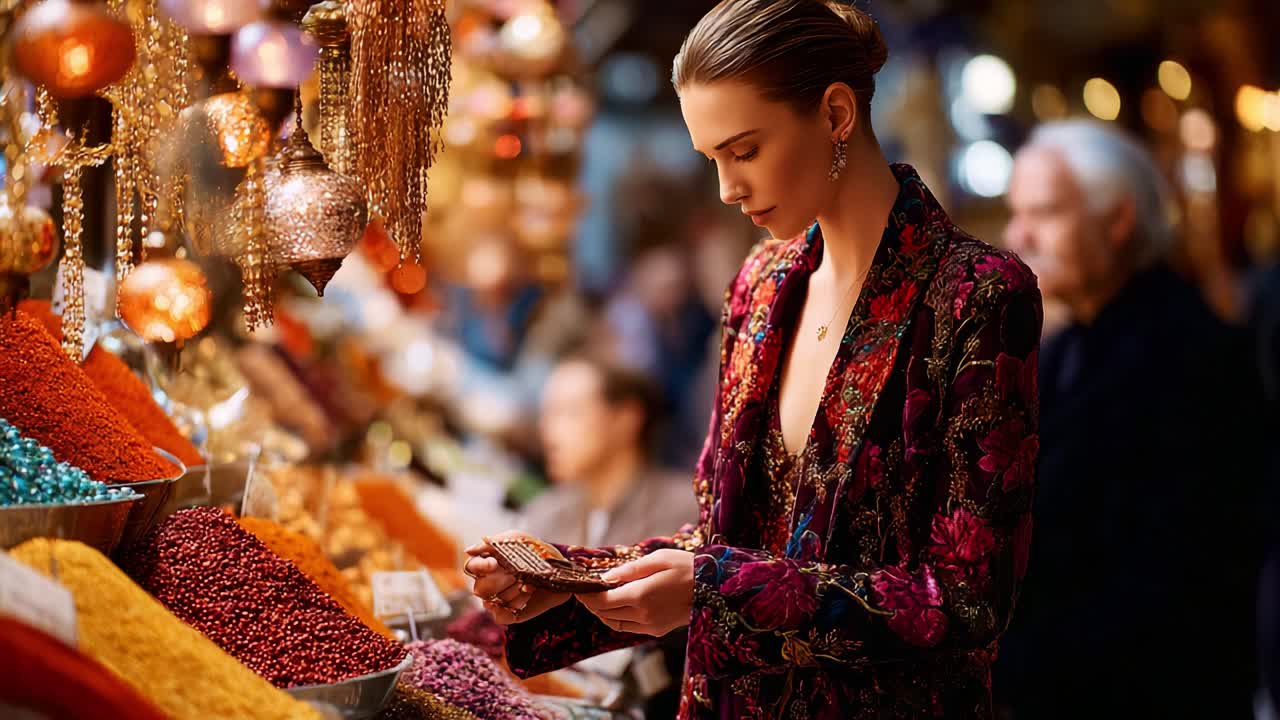 A Mesmerizing Journey Through a Colorful Marketplace: A Woman Explores the Rich Flavors and Textures of Spices and Gems in a Vibrant Cultural Bazaar Setting