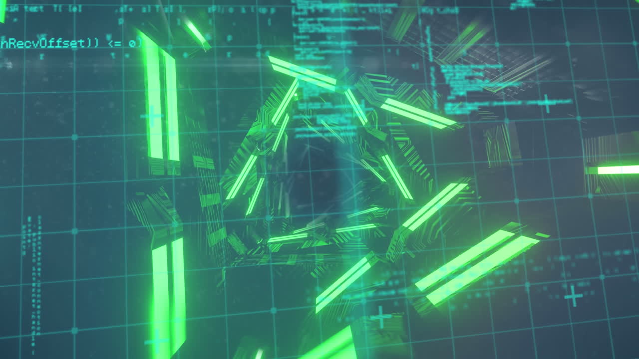 Animation of green neon pattern and data processing