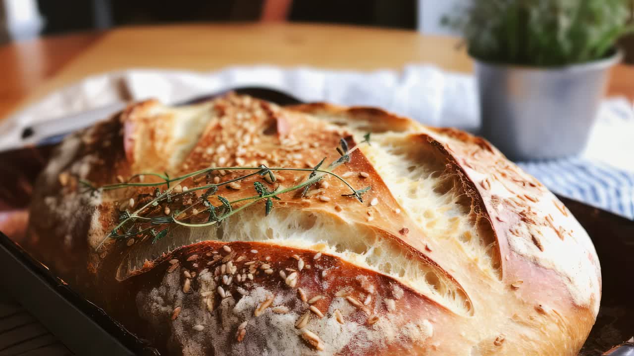 Golden brown loaf of bread topped with fresh thyme and sesame seeds, resting in a dark baking pan on a wooden table, surrounded by a blurred plant backdrop