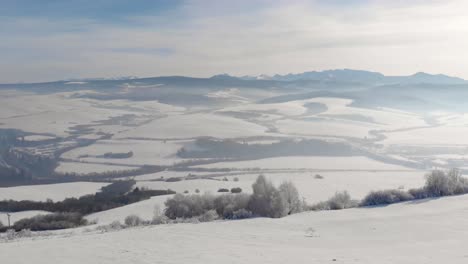 慢慢地向前飞行在雪地景观上,背景是山脉