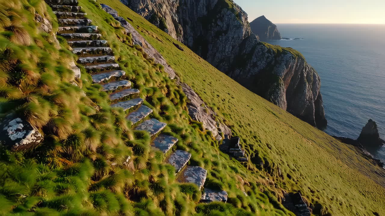 Intricately Carved Stone Steps on a Dramatic Coastal Cliff