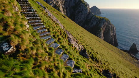 intricately carved stone steps on a dramatic coastal cliff