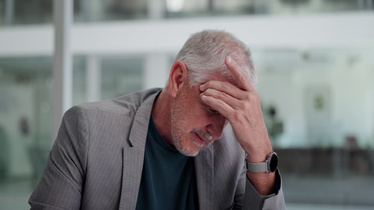 Stressed Senior Businessman Rubbing Eyes in Office