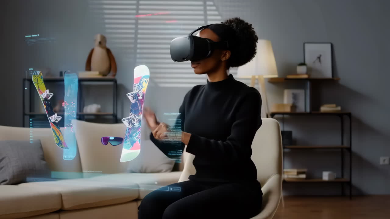 Woman Engaged in Virtual Reality Shopping Experience in Her Living Room