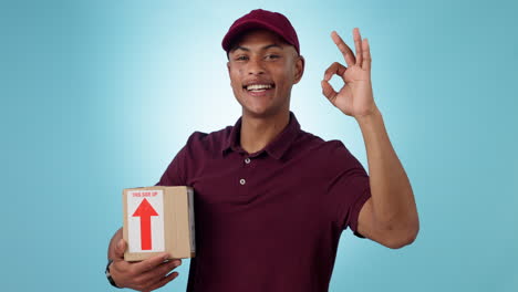 Box-delivery,-happy-man-or-studio-ok-sign