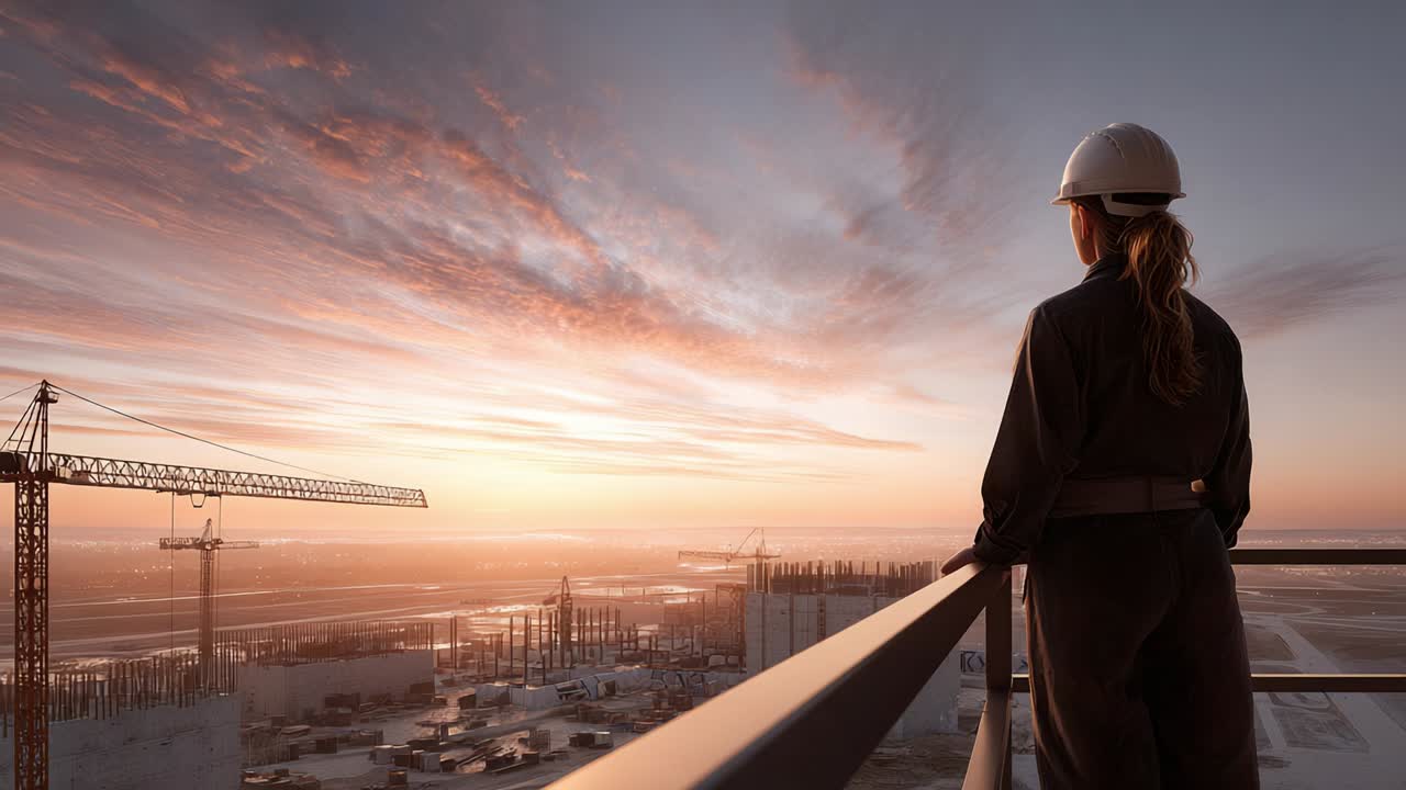 Woman in Hard Hat Overlooking Construction Site at Sunset