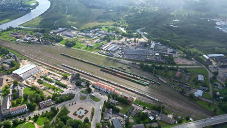 aerial view of yard trains and railroad with wagons in the city of germany.