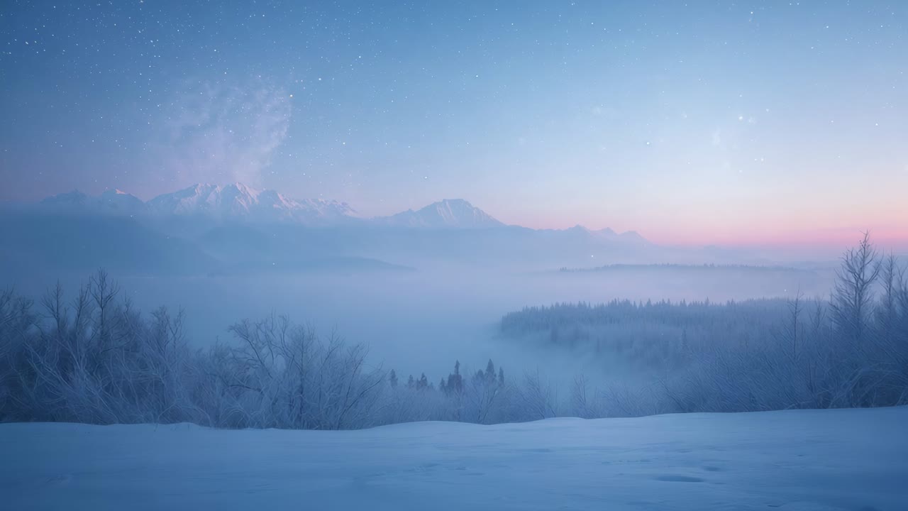 First light arriving panoramic winter landscape shifting toward dawn at snow slope with fog