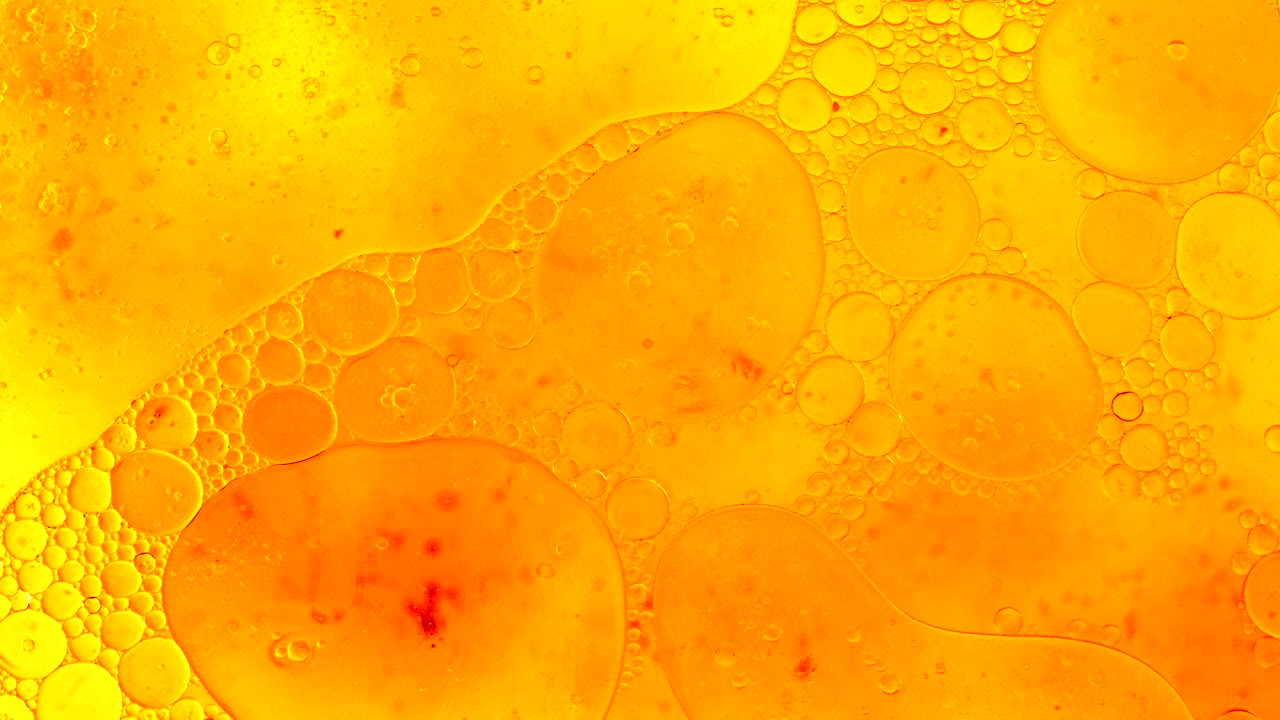 Colorful oil drops floating on water surface, top view. Fantastic abstract background. Bright bubbles moving and spreading. Close up 4k video of weird liquid structures. Scientific chemical experiment