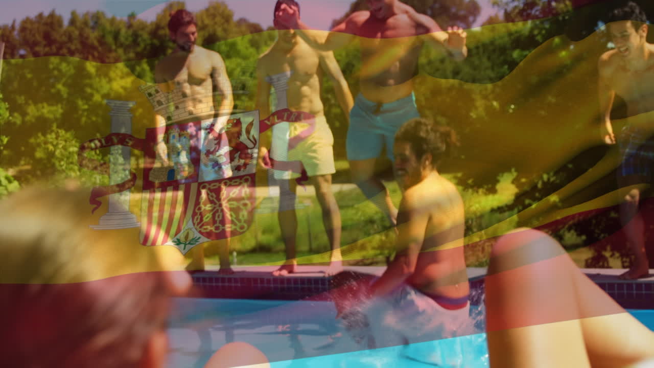 Animering av Spaniens flagga över glada kaukasiska vänner som har roligt vid en pool