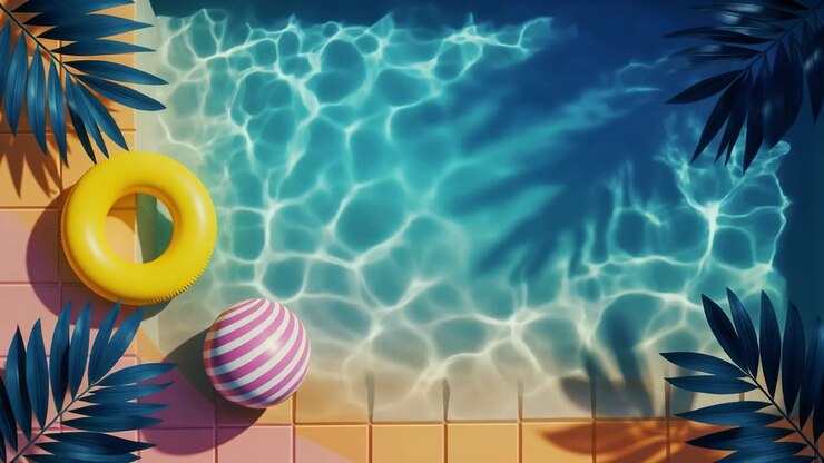 Top View of Swimming Pool with Inflatable Ring and Beach Ball