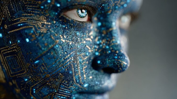 A Stunning Transformation of Human Features Enhanced with Digital Circuit Patterns and Illuminated Details, Highlighting the Fusion of Technology and Artistry