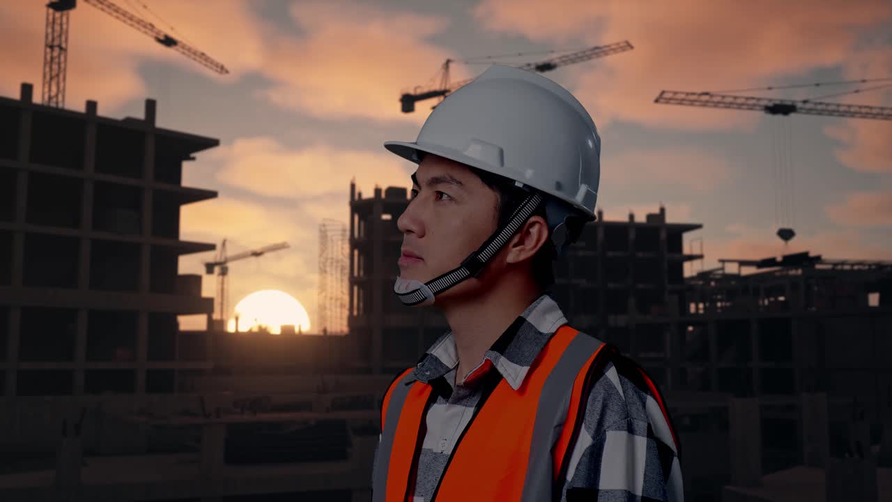 Close Up Side View Of Asian Male Engineer With Safety Helmet Looking Around While Standing At Building & Construction Site in Progress to New House