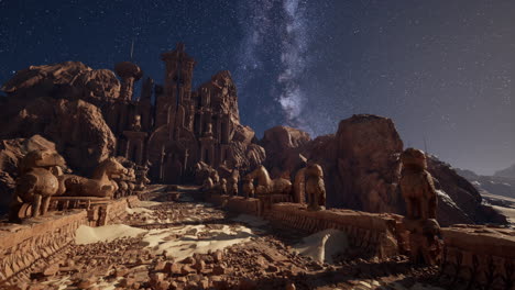 a mysterious, ancient castle in the desert under a starry sky