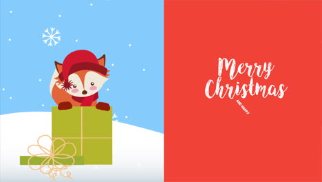 happy merry christmas fox with gift box