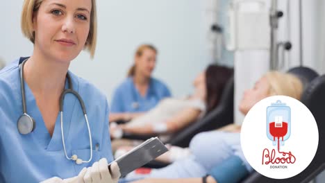 Animation-of-blood-donation-text-with-blood-bag-logo,-over-smiling-female-nurse-with-donors