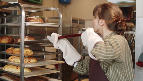 female baker taking hot bread from oven with shovel