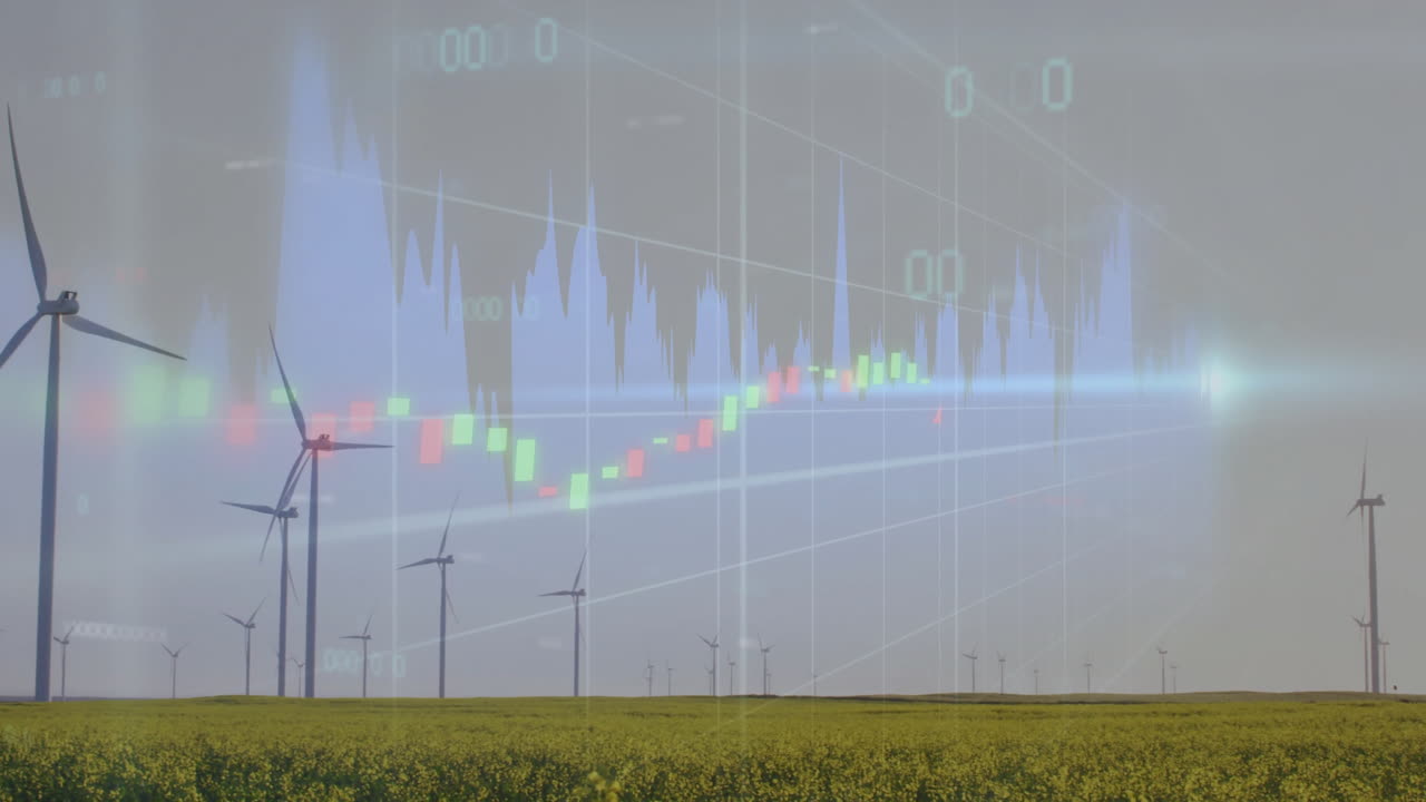 Wind turbines spinning over yellow field while digital overlay charting finance data in 3D render
