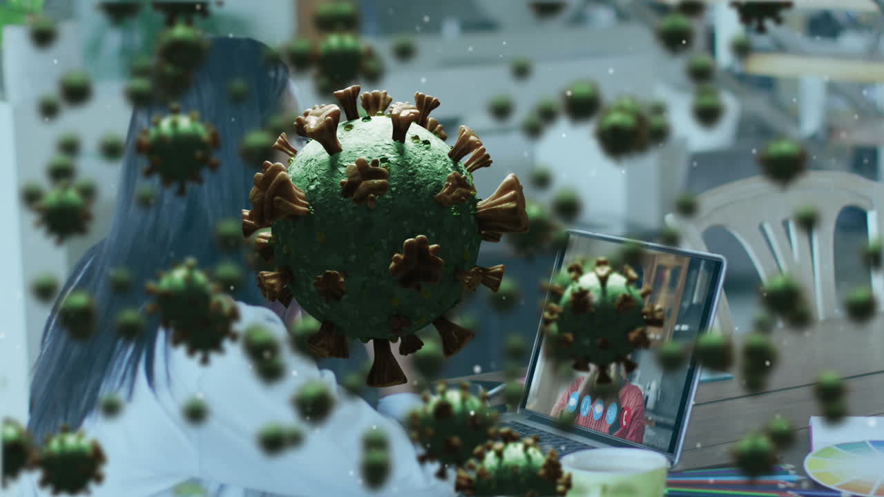 노트북 비디오 통화에서 사업가 여성에 대한 코로나 19 세포의 애니메이션