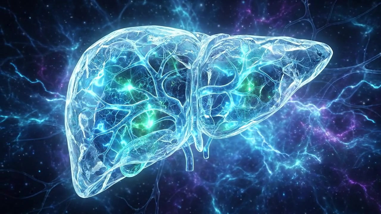Digital Illustration of Human Liver Anatomy with Glowing Neural Network