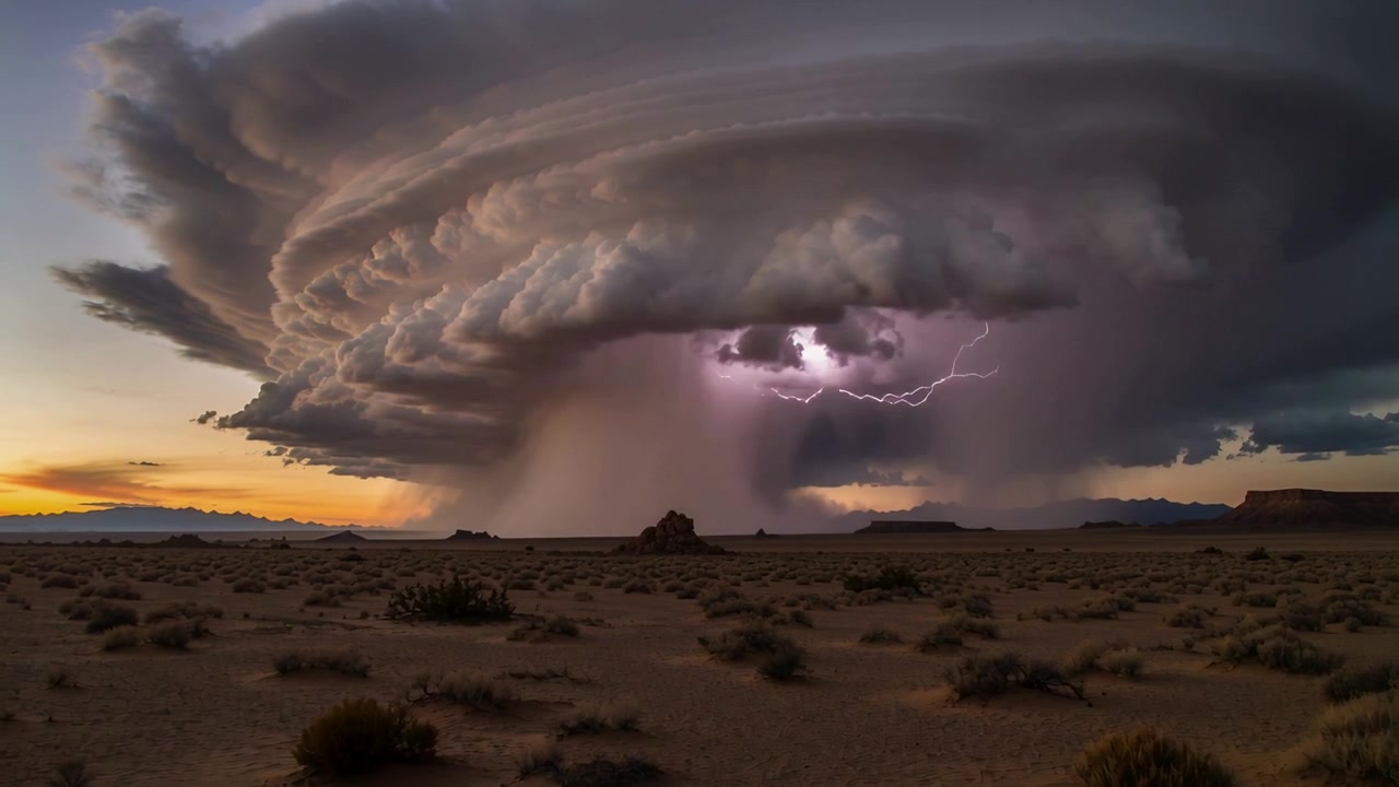 Un temporale a supercella che si sposta attraverso il deserto al tramonto, formando una colonna di pioggia e lampi