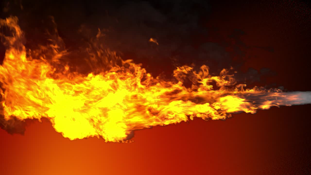 corrientes de fuego realistas animadas con humo negro similar a un disparo de un lanzallamas, escape de un motor de cohete o la llama de un dragón que respira fuego. clip con canal alfa.
