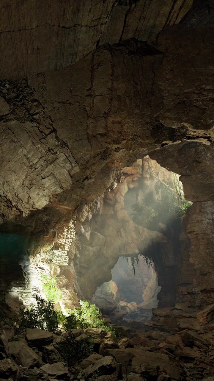 La luce filtra attraverso formazioni rocciose in una grotta buia durante il giorno
