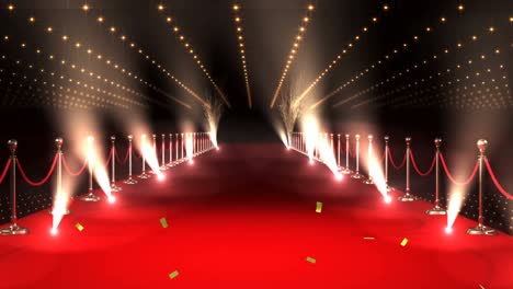 animation of gold confetti falling over red carpet venue with moving spotlights