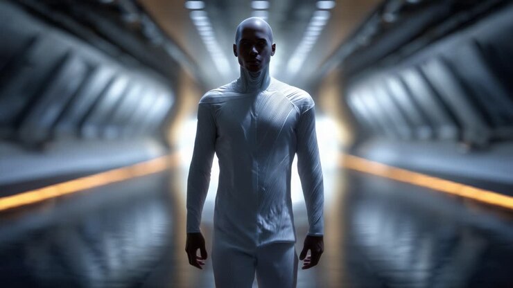 Mystisk skikkelse i et avanceret futuristisk miljø fanget i overgang, der viser en fantastisk sci-fi æstetik med dynamisk belysning og moderne designelementer.