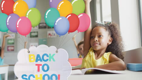 animation of balloons and back to school text over happy diverse school kids at school