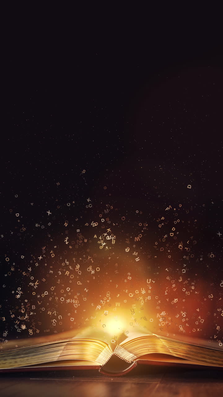Book with flying letters. Fabulous looping animation with glowing light and sparkling particles. Vertical video.